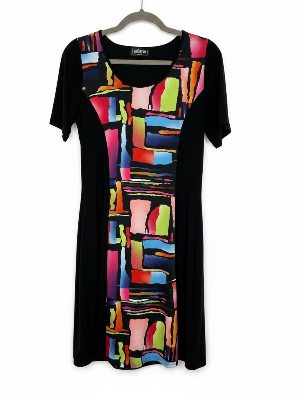 Gitane Sz S Colorblock Panel Black Dress Multicolor Print Pockets | EUC